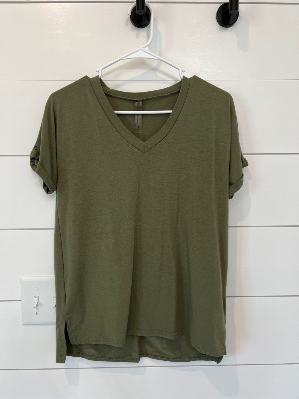 Casual V-Neck Short Sleeve Top in Olive Green